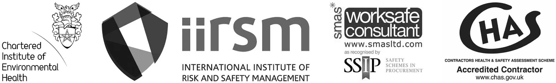 Professional accreditation logos including the Chartered Institute of Environmental Health, IIRSM, SMAS Worksafe Consultant, and CHAS Accredited Contractor, representing recognised health and safety competence and compliance.