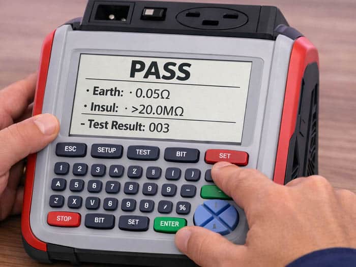 Close-up of a technician’s hands operating a UK portable appliance tester, representing professional services by health and safety consultants.