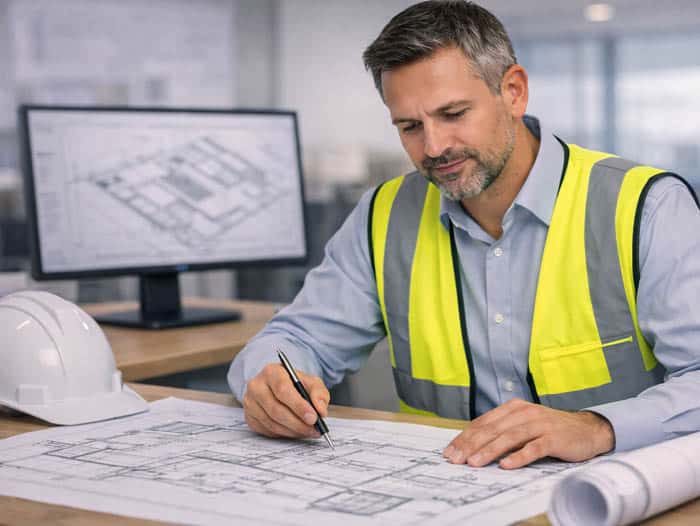 An occupational health and safety consultant reviewing construction site plans in a modern office with subtle lighting, representing structured CDM compliance support for duty holders and safe project coordination.