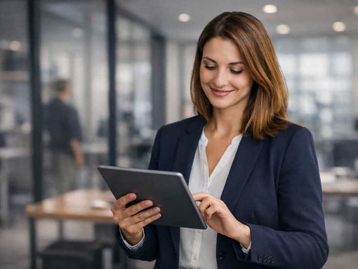 Professional health and safety consultant reviewing documents on a tablet in a modern office with subtle lighting, representing expert compliance and advisory support.
