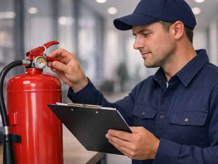 Technician inspecting a fire extinguisher in a modern workplace with subtle lighting, representing professional fire safety services including risk assessments, extinguisher servicing and training.