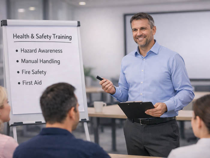 Instructor leading a health and safety training session beside a flip chart, holding a marker and addressing participants in a modern office.