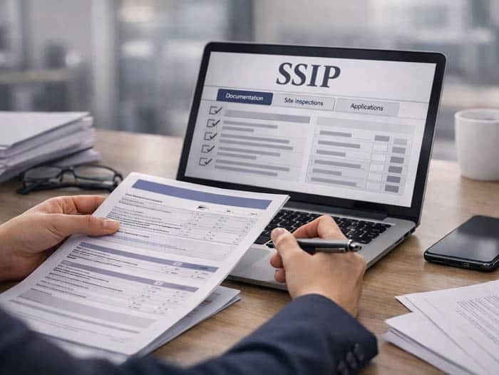 Hands reviewing SSIP accreditation compliance documents on a laptop in a modern office with subtle lighting, representing professional accreditation support from health and safety consultants.